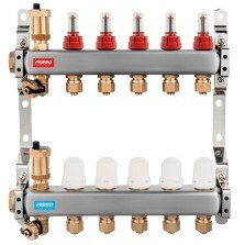 Distribuitor-colector din inox Ferro SN-RZP06S 1 inch cu 6 circuite și debitmetre încălzire în pardoseală
