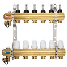 Distribuitor-colector din alamă Ferro RZP12S 1 inch cu 12 circuite și debitmetre încălzire în pardoseală