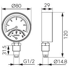 Termomanometru Ferro TM80R, radial, 80 mm x 1/2 inch
