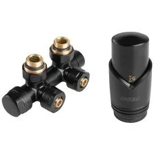 Set robinet radiator decorativ dublu integrat, termostatic, negru Ferro ZTD30BL