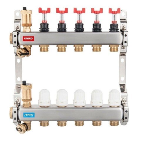 Distribuitor incalzire pardoseala cu debitmetre Ferro alama filet interior, 4 cai 1"
