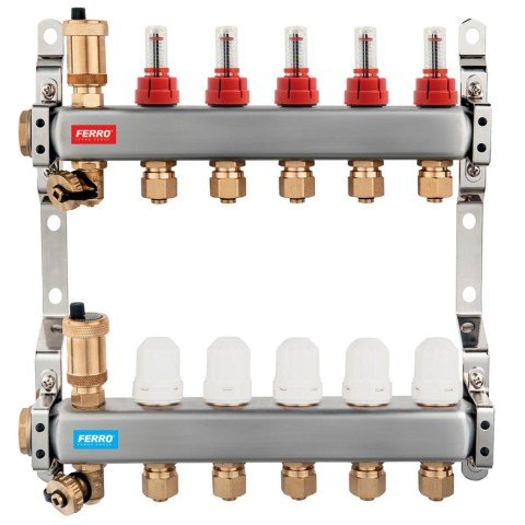Distribuitor incalzire pardoseala cu debitmetre Ferro, inox filet interior 11 cai, 1"
