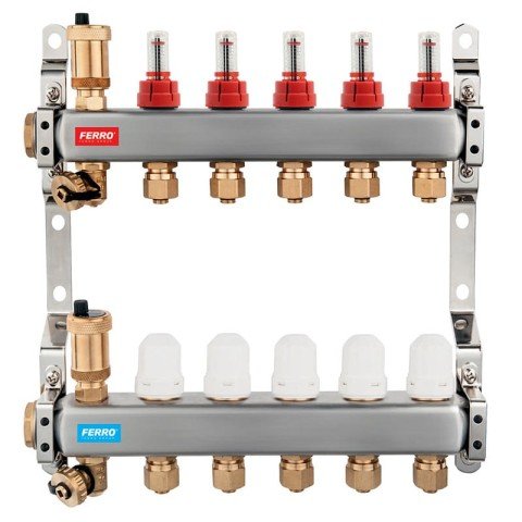 Distribuitor incalzire pardoseala, cu debitmetre Ferro inox filet interior Ferro 10 circuite, inox, 1