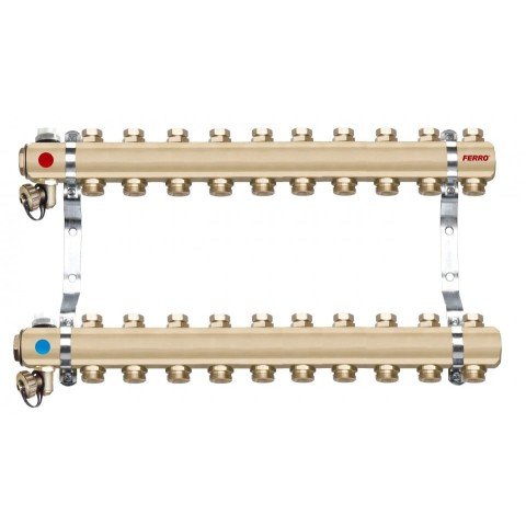 Distribuitor/colector 1" din alama 10 circuite 3/4" cu ventile inchidere si aerisitor