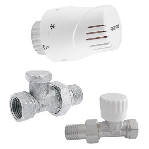 Set robineti radiator drepti cu cap termostatic Ferro ZTMN01 cu robinet cu presetare