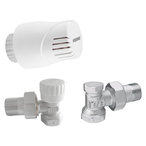 Set robineti radiator coltari cu cap termostatic Ferro ZTMN02-16 cu robinet cu presetare cu limitare la 16°C