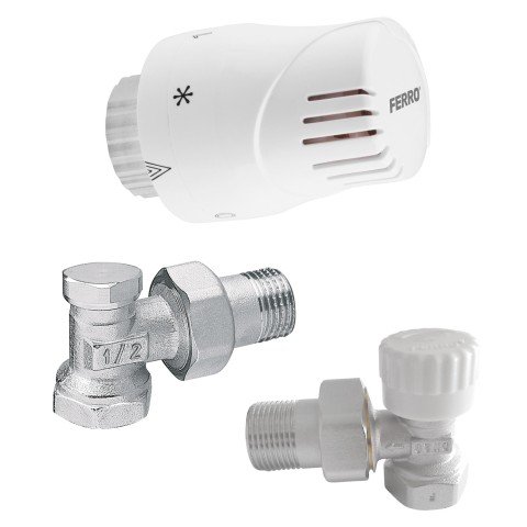 Set robineti radiator coltari cu cap termostatic Ferro ZTMN02 cu robinet cu presetare