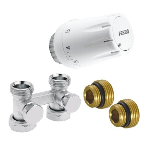 Set robinet radiator dublu drept 3/4 Ferro ZTV07 pardoseala cu cap termostatic