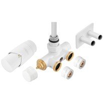 Set robinet radiator decorativ dublu integrat Ferro ZTT30WH termostatic cu presetare, manson de imersie si cap termostatic, alb